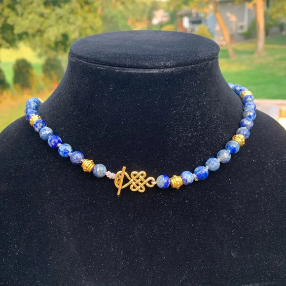 Lapis & Citrine Gemstone Necklace | Hand-Knotted on Grey Silk - Picture 3 of 3